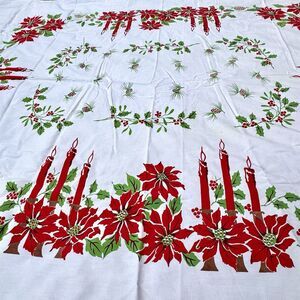 Vintage 60's Christmas Tablecloth Pinecones Holly Poinsettias Candles 58" X 76"